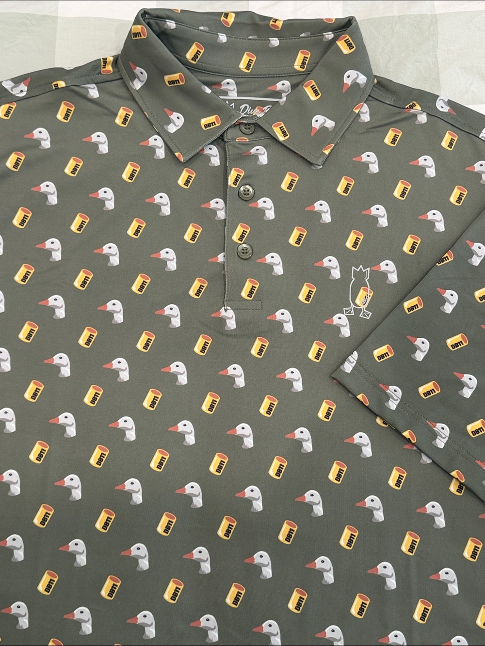 Olive Green Short-Sleeve Polo with Duck and Badge Print